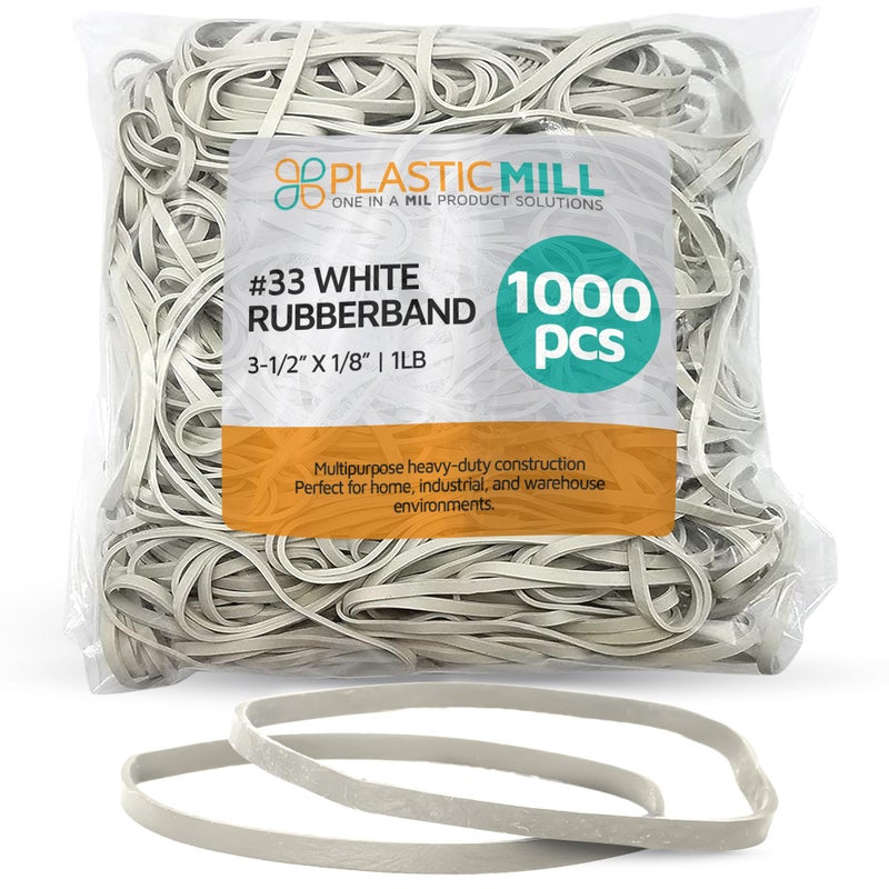 PlasticMill White Rubber Bands Size 33 (3 1/2" x 1/8") - #33 Rubber Bands Office Supplies - Strong, Elastic Bands for Crafts, Balloon Garland, Cash, File Folders (1,000-Pack) - Image 1